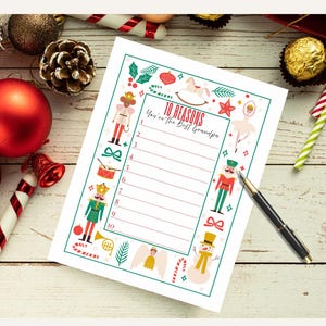 May include: A festive Christmas-themed list titled "10 Reasons You're the Best Grandpa." The list is decorated with holiday illustrations, including nutcrackers, a ballerina, and a snowman. A pen rests on the list, surrounded by ornaments and candy canes.