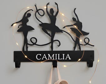 Personalized Ballerina Name Sign, Dance Medal Holder with Hooks, Custom Ballet Wall Decor for Girls Room