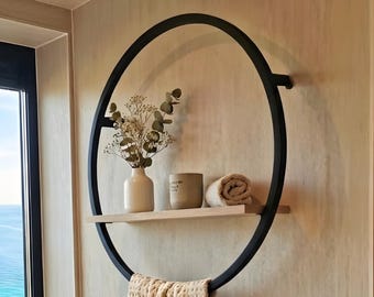 Modern Circle Towel Rack with Wooden Shelf, Round Metal Wall Rack for Bathroom Organizer, Minimalist Towel Bar and Shelf