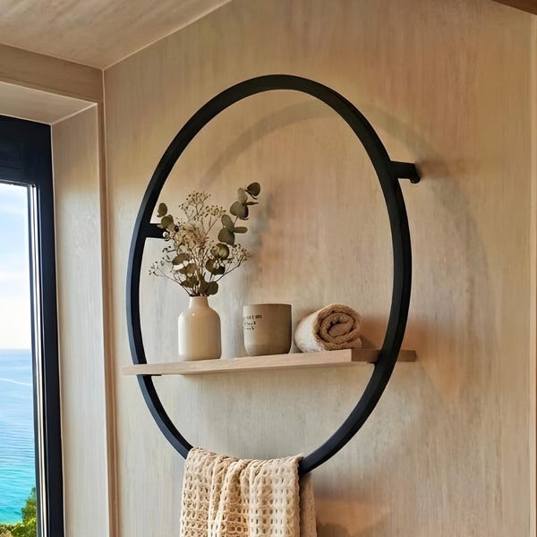 Modern Circle Towel Rack with Wooden Shelf, Round Metal Wall Rack for Bathroom Organizer, Minimalist Towel Bar and Shelf