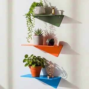 May include: Three colorful, triangular shelves mounted on a white wall. The top shelf is green, the middle is orange, and the bottom is blue. Each shelf holds a potted plant and decorative objects, creating a modern, minimalist display.