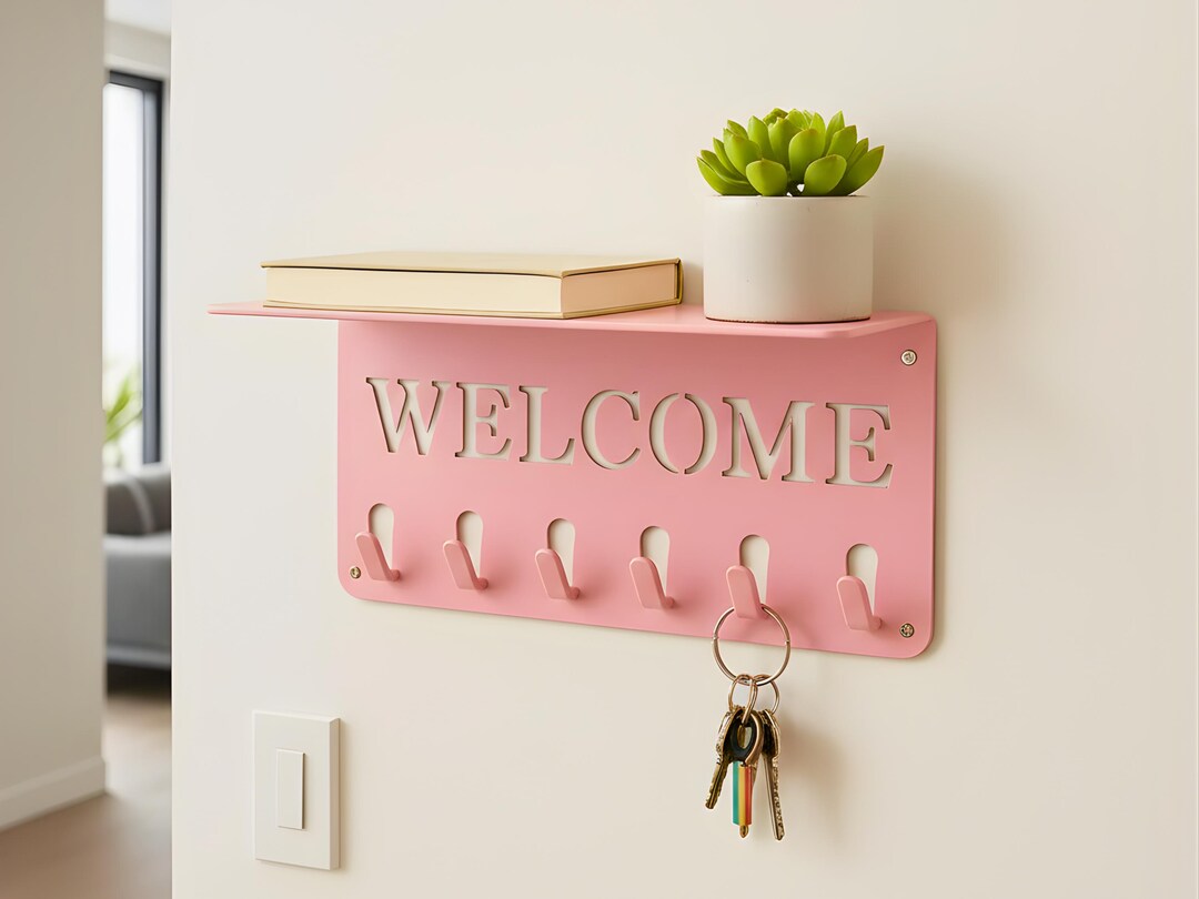 Pastel Pink Metal Key Holder Shelf, Modern Minimalist WELCOME Wall ...
