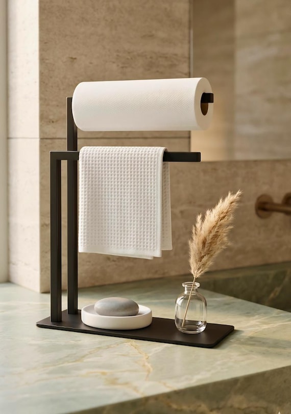 Freestanding Countertop Towel Holder, Paper Towel Stand with Hand Towel Bar, Metal Bathroom Organizer