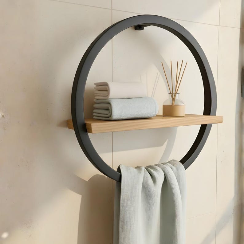 May include: A modern, circular wall-mounted towel rack with a black metal frame. It features a light wood shelf holding folded towels and a glass diffuser. A light green towel hangs from the bottom ring. The rack is mounted on a beige tiled wall.
