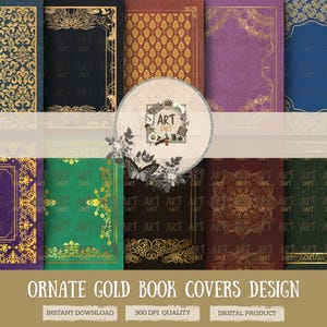Pode incluir: Uma coleção de designs de capas de livros ornamentadas com detalhes dourados. As capas apresentam fundos variados, incluindo azul marinho, preto, bordô, verde e roxo. Os designs incluem padrões florais, molduras e formas geométricas. O texto "ORNATE GOLD BOOK COVERS DESIGN" está na parte inferior.