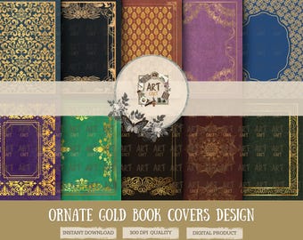 Ornate Gold Book Covers SVG | Vintage Antique Book Design | Gold Frame Digital Paper | Book Art Print Instant Download