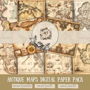 May include: A collection of antique maps in various styles and sizes, with a sepia-toned color palette. The maps feature detailed illustrations of continents and oceans, with decorative elements. The text "ANTIQUE MAPS DIGITAL PAPER PACK" is displayed at the bottom.