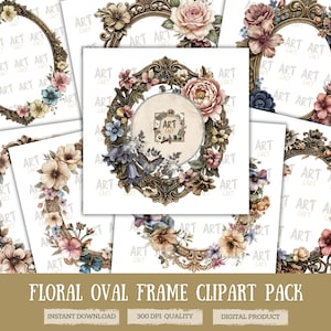 Peut inclure: Ensemble de cliparts de cadres ovales floraux. Chaque cadre présente un design orné et détaillé avec une variété de fleurs aux couleurs pastel. Les cadres sont dans des tons de marron et d'or, avec le texte "FLORAL OVAL FRAME CLIPART PACK".