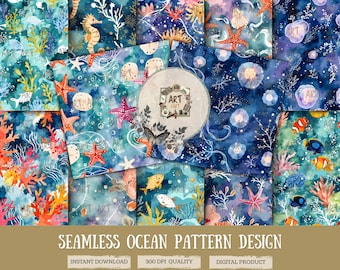 Ocean Seamless Patterns: Zestaw cyfrowych papierów akwarelowych z motywem morskim i rozgwiazdami, koralowcami, muszlami i morskim tłem