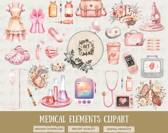 Puede incluir: Ilustración en acuarela de elementos médicos, que incluyen una bolsa médica rosa, un estetoscopio y un monitor cardíaco. Otros elementos incluyen un vestido, guantes y una taza de café. El texto en la parte inferior dice "MEDICAL ELEMENTS CLIPART".