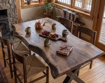 May include: A live-edge wooden dining table with an X-shaped base, surrounded by four wooden chairs with woven seats. On the table are a copper kettle, four ceramic mugs, a wooden serving board with berries, and a leather-bound notebook.