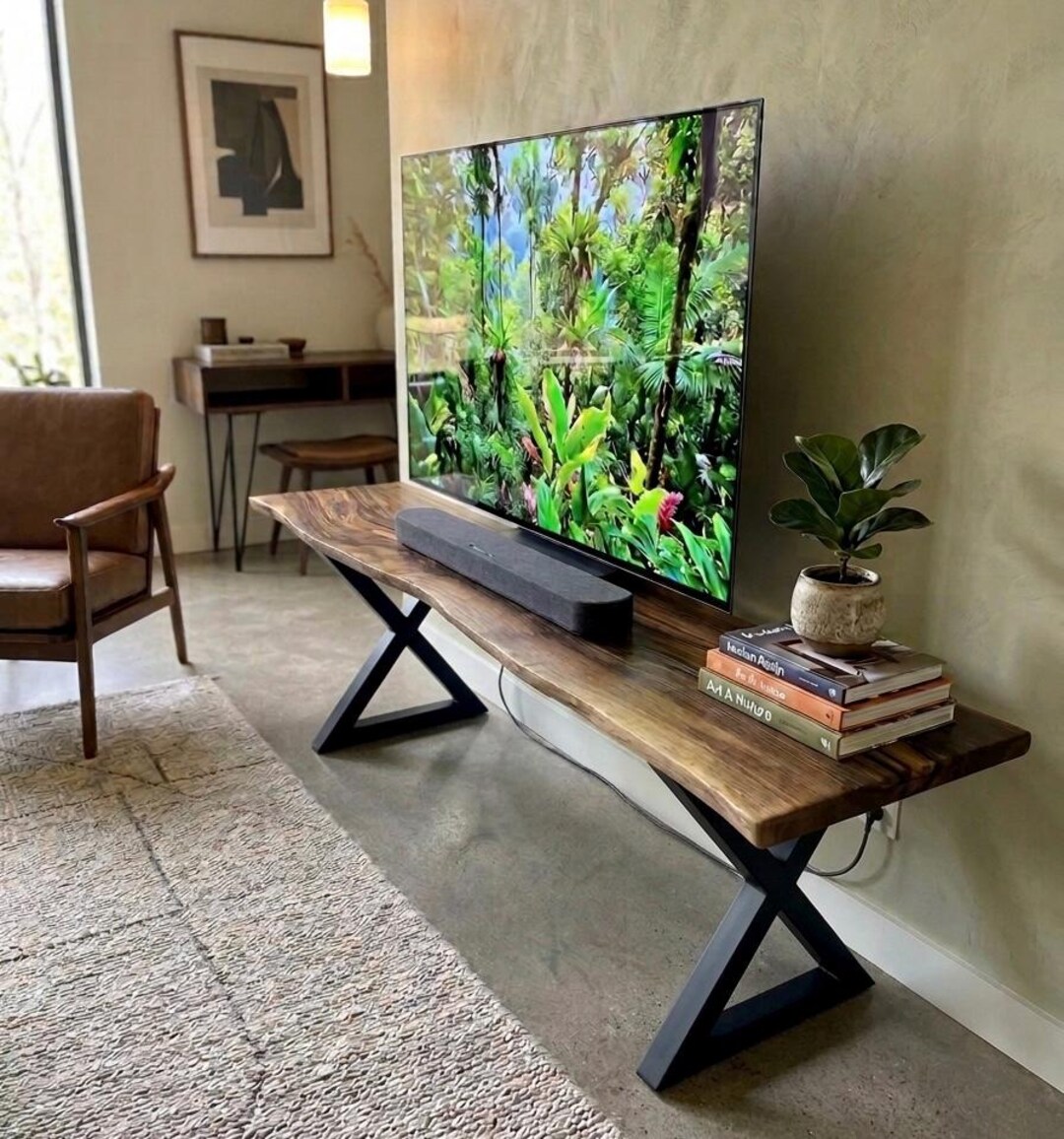 Solid Walnut Live Edge TV Stand – Rustic Modern Media Console Bench - Etsy