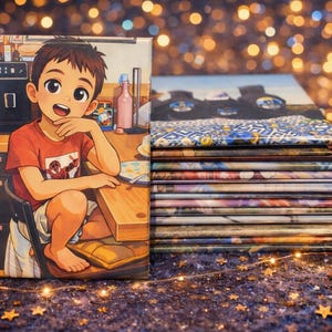 Può includere: Una pila di libri colorati accanto a una stampa su tela di un ragazzo in stile anime con una camicia rossa. Il ragazzo sorride ed è seduto a un tavolo. Lo sfondo è un bokeh di luci e stelle.