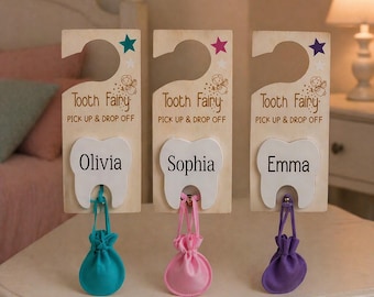 Personalized Tooth Fairy Hanger, Wooden Sign with Pouch, Kids Holder