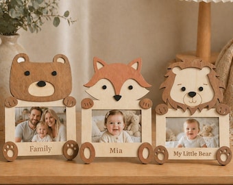 Personalized Wooden Animal Photo Frame, Nursery Decor, Custom Engraved Name Keepsake