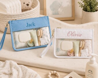 Personalized Clear Makeup Bag, Custom Name Toiletry Pouch, Embroidered Travel Cosmetic Bag, Bridesmaid Gift, Baby Essentials Organizer