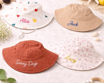 Personalized Baby Sun Hat, Cotton Gauze Bucket Hat, Custom Name Embroidery