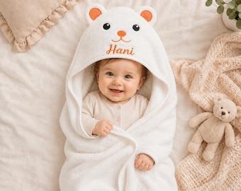 Personalized Baby Hooded Towel, Embroidered Name Animal Bath Towel, Baby Shower Gift, Newborn Toddler Towel, Kids Bath Wrap