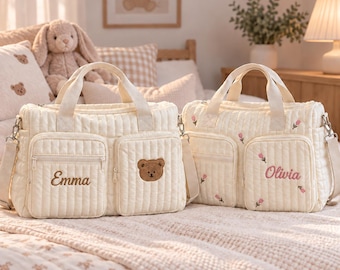 Personalized Quilted Diaper Bag, Embroidered Teddy Weekender, Hospital Tote, New Mom Baby Shower Gift