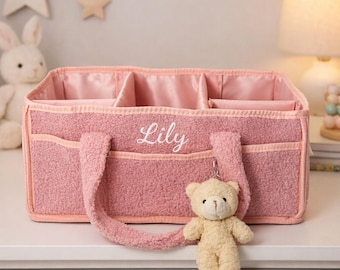 Personalized Baby Diaper Caddy, Soft Fabric Nursery Organizer, Teddy Bear Charm