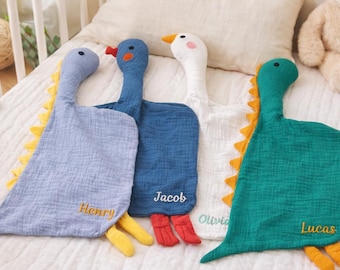 Personalized Dinosaur Muslin Lovey, Soft Cotton Security Blanket, Newborn Gift