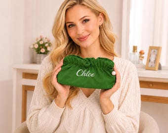Personalized Satin Cosmetic Bag, Custom Name Makeup Pouch, Bridesmaid Travel Toiletry Bag