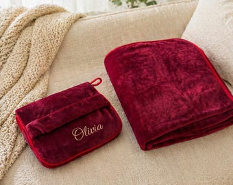 Personalized Plush Travel Blanket with Pouch, Embroidered Name Cozy Throw