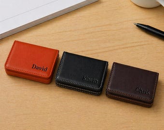 Personalized Leather Business Card Holder, Slim Minimalist Pocket Wallet, Custom Engraved Name Case