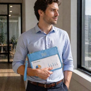 May include: A light blue document holder with a clear window, gold zipper, and wrist strap. The name "Bill" is embroidered on the top. Inside the window is a document with the words "Monthly Budget" and a pie chart and bar graph.