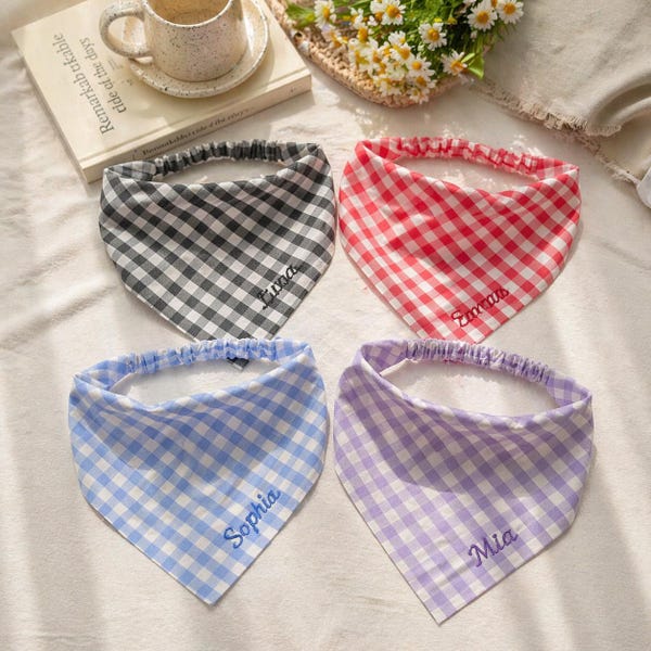 Personalized Gingham Headband, Custom Embroidered Name Hair Accessory, Cottagecore Style Bandana