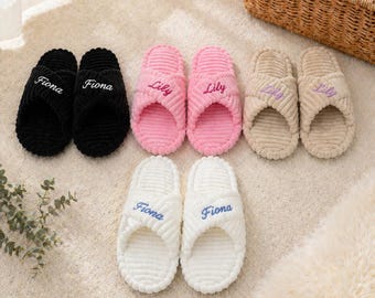 Pantuflas de spa de felpa personalizadas, pantuflas de casa con nombre personalizado, regalo de boda para damas de honor