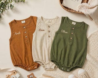Personalized Baby Romper, Custom Name Embroidery Linen Cotton Romper, Baby Shower Gift, Summer Baby Outfit, Neutral Baby Clothes