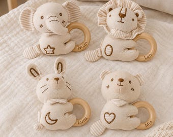 Personalized Baby Animal Rattle, Soft Plush Baby Rattle with Engraved Wooden Ring, Newborn Baby Shower Gift, Neutral Nursery Toy