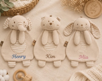 Personalized Baby Lovey Blanket, Organic Cotton Security Blanket with Crinkle Sound, Bunny Bear Elephant Comforter, Newborn Baby Shower Gift