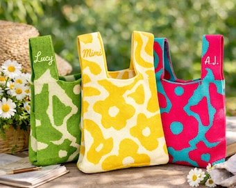 Embroidered Floral Knit Tote Bag • Personalized Name