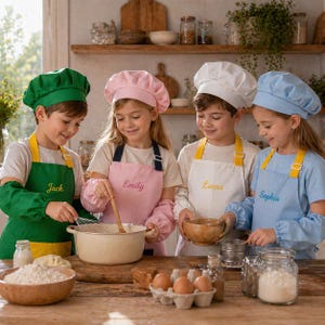 Op de afbeelding: Vier kinderen met koksmutsen en schorten staan rond een tafel en bereiden eten. De schorten zijn groen, roze, wit en blauw, elk met een geborduurde naam. Ze gebruiken kommen, gardes en ander kookgerei.