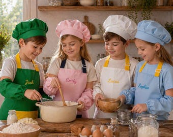 Conjunto de chef infantil personalizado, delantal y gorro bordados a medida, atuendo de cocina para niños pequeños.