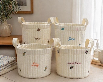 Personalized Quilted Cotton Storage Basket, Custom Name Embroidery Toy Bin, Nursery Decor