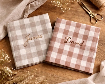 Pañuelo de lino personalizado, pañuelo con nombre bordado a medida, pañuelo de bolsillo a cuadros, regalo de boda para el novio, regalo para el padre