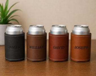 Personalized Leather Can Cooler, Custom Beer Koozie, Engraved Name Can Sleeve, Groomsmen Gift, Wedding Party Favor, Beer Holder Gift for Men