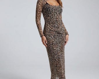 Leopard Print Cut-Out Mesh Midi Dress – Brown Multi