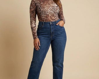 Leopard Print Long-Sleeve Bodysuit Top – Brown Multi