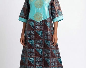 Authentic Nigerian Kampala Bubu – Contrast Turquoise & Brown Embellished Maxi Dress for Weddings