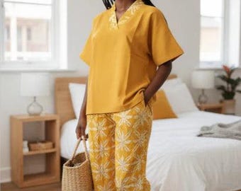 V Neck Contrast Trim Two-Piece Set