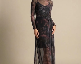 Sheer Mesh Maxi Dress – Midnight Bloom Print