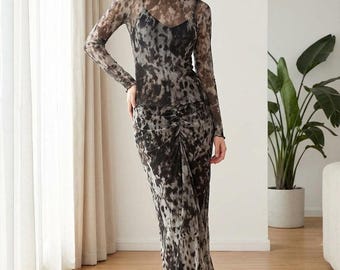 Abstract Mesh Top & Maxi Skirt Co-Ord Set – Charcoal Smoke Print