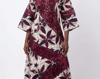 Elegant Burgundy and Floral Ankara V-Neck Kaftan Gown with Sequin Panels