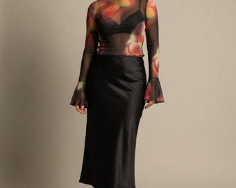 Sheer Floral Mesh Long-Sleeve Top