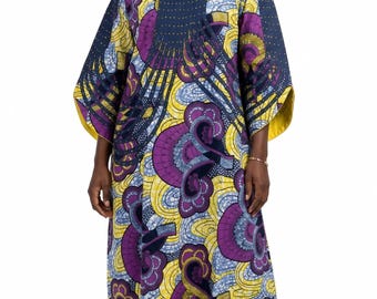 Royal Purple & Gold African Ankara Kaftan – Handcrafted Vibrant Maxi Dress