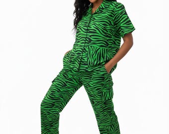 Lebendiges grünes Zebra Ankara Set - Zweiteiliges Outfit